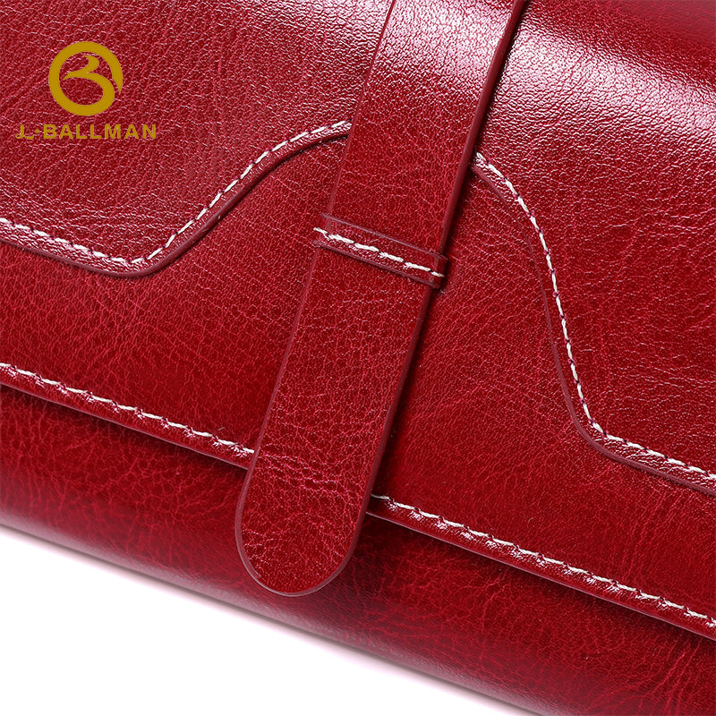 Genuine Leather Oil-Wax Long Wallet, Strap Buckle Closure Contrast Stitch Wavy Flap For Daily Use 23-121# | Custom Logo ODM OEM Wholesale
