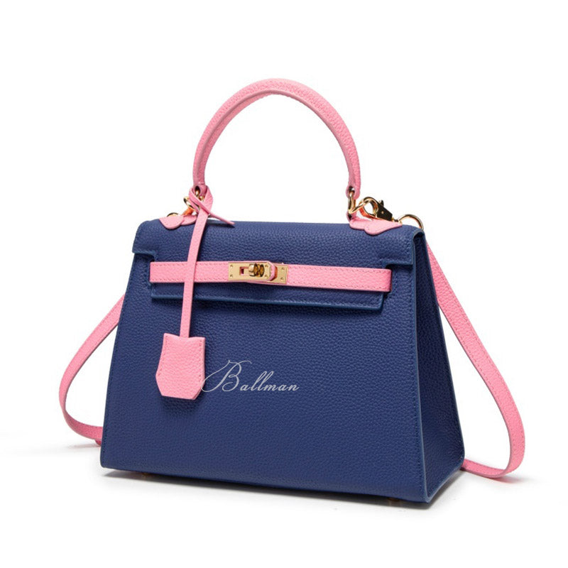Wholesale Custom Leather Kelly Style Handbag Two Tone Color Design Turn?Lock Hardware Detachable Shoulder Strap BK002