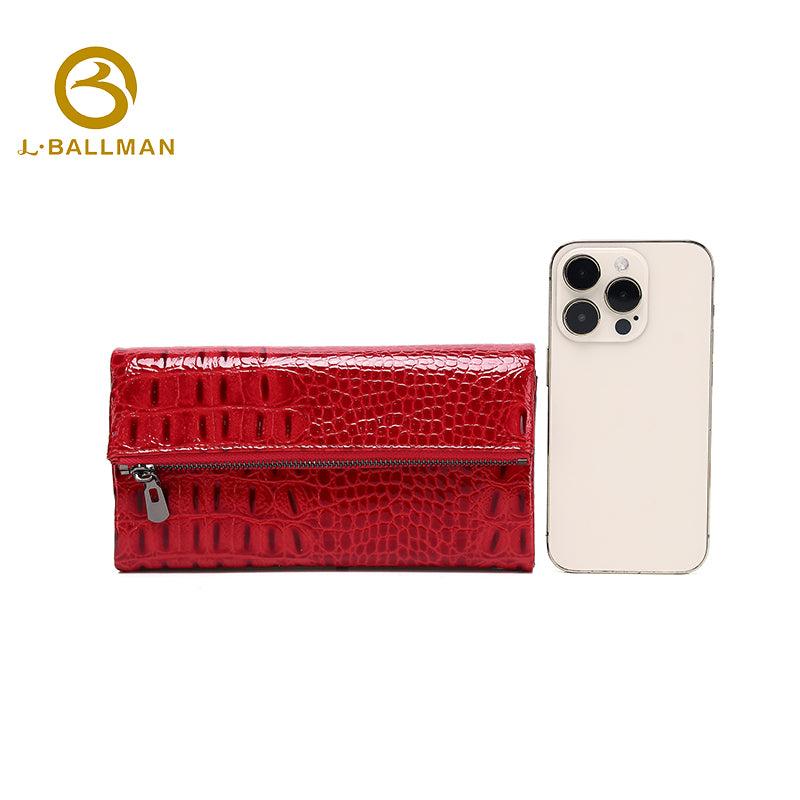 Women Long Patent Leather Wallet Crocodile Embossed Fold Over Front Zip Pocket Multi Card Slots 504 Wholesale Custom