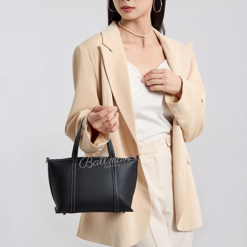 Wholesale Customizable Leather Mini Tote Crossbody Bag Contrast Stitching Top?handle Zipper Closure Detachable Shoulder Strap Daily Ladies Handbag H98092