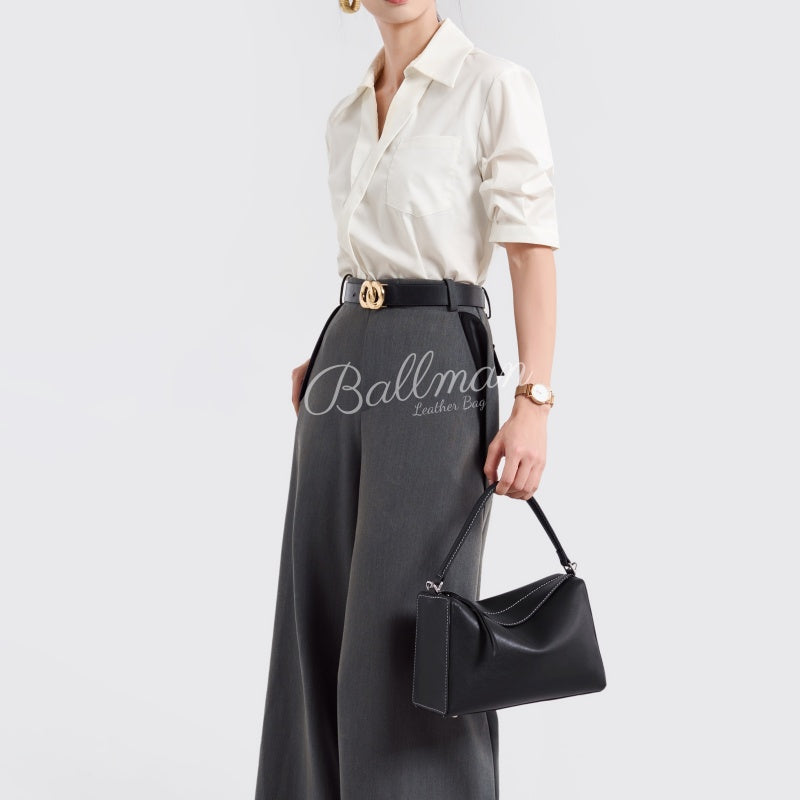 Wholesale Customizable Leather Shoulder Crossbody Bag Contrast Stitching Detail Soft Rectangular Shape Detachable Long Crossbody Strap H98088