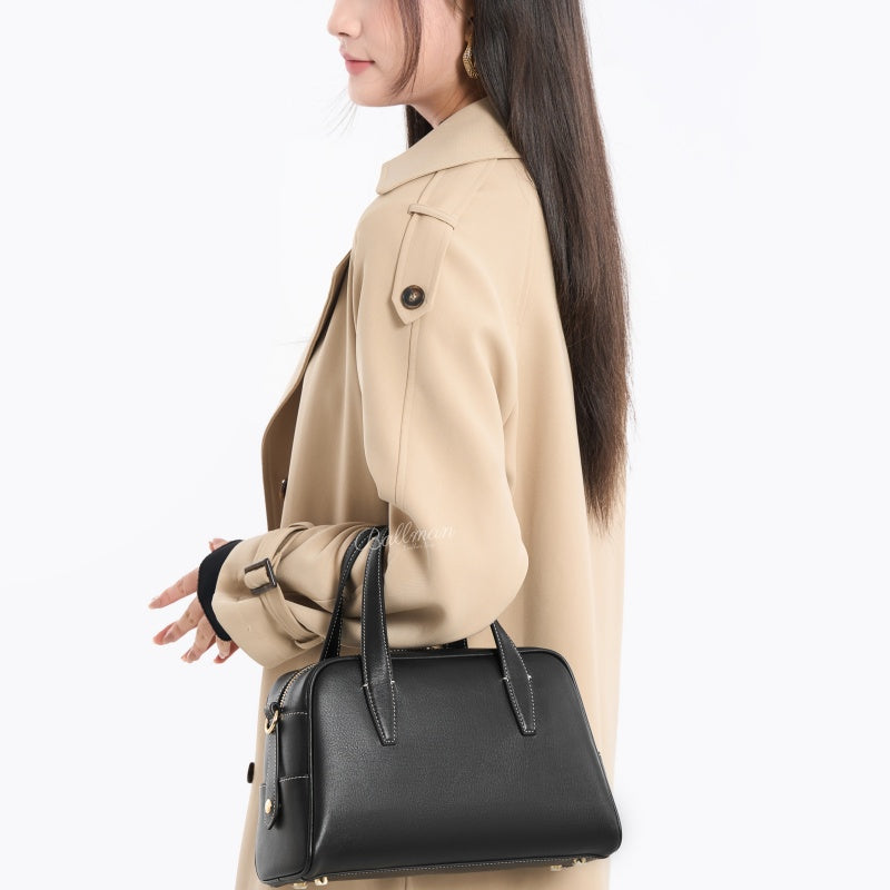 Genuine Leather Boston Handbag, Dual Top Handles Detachable Strap For Work Daily Travel | 8108-27# Custom Logo ODM OEM Wholesale