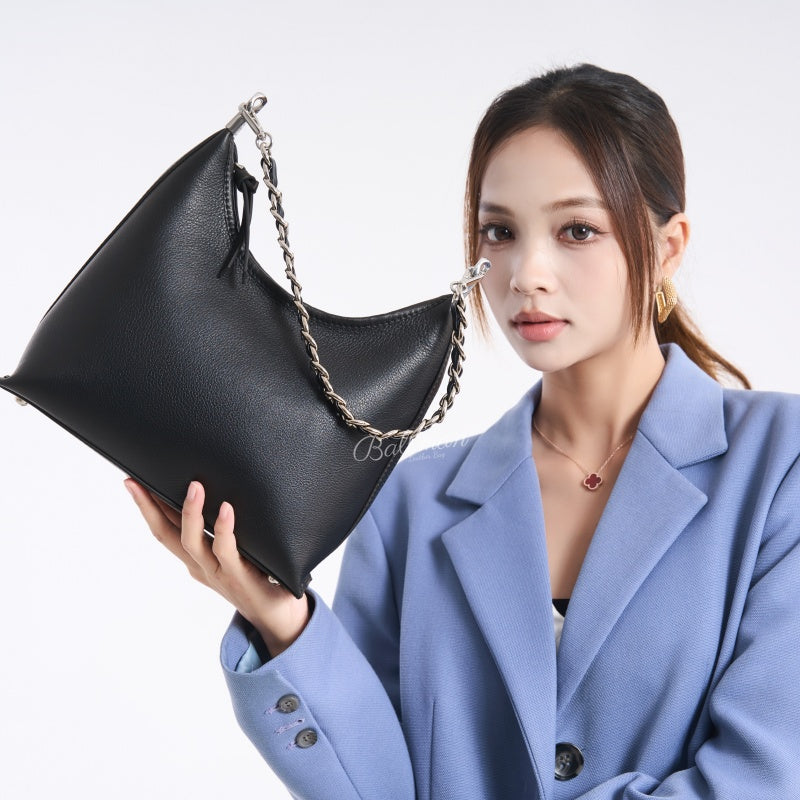 Wholesale Customizable Leather Hobo Shoulder Bag Silver Interwoven Chain Strap Soft Slouchy Large Capacity Detachable Crossbody Strap H98086