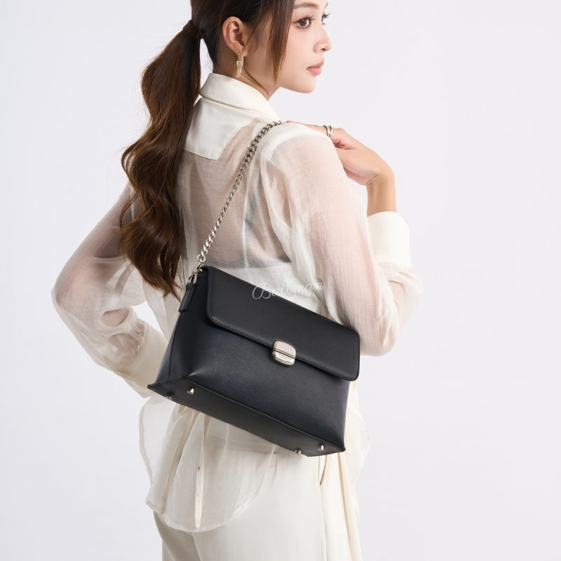 Wholesale Customizable Leather Flap Crossbody Bag Silver Square Turn Lock Dual Use Chain Strap Detachable Leather Shoulder Strap H98084