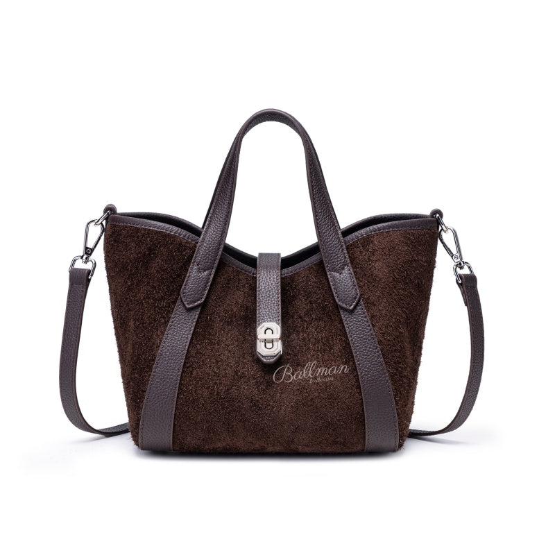 Suede Genuine Leather Tote Handbag, Top Handle Lock Closure For Daily Shopping Casual Outing 8108-29# |ODM OEM Wholesale