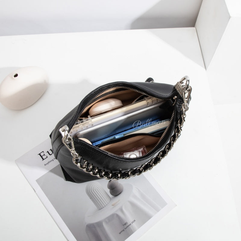 Wholesale Customizable Leather Hobo Shoulder Bag Silver Interwoven Chain Strap Soft Slouchy Large Capacity Detachable Crossbody Strap H98086