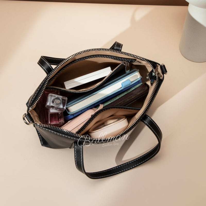 Wholesale Customizable Leather Mini Tote Crossbody Bag Contrast Stitching Top?handle Zipper Closure Detachable Shoulder Strap Daily Ladies Handbag H98092