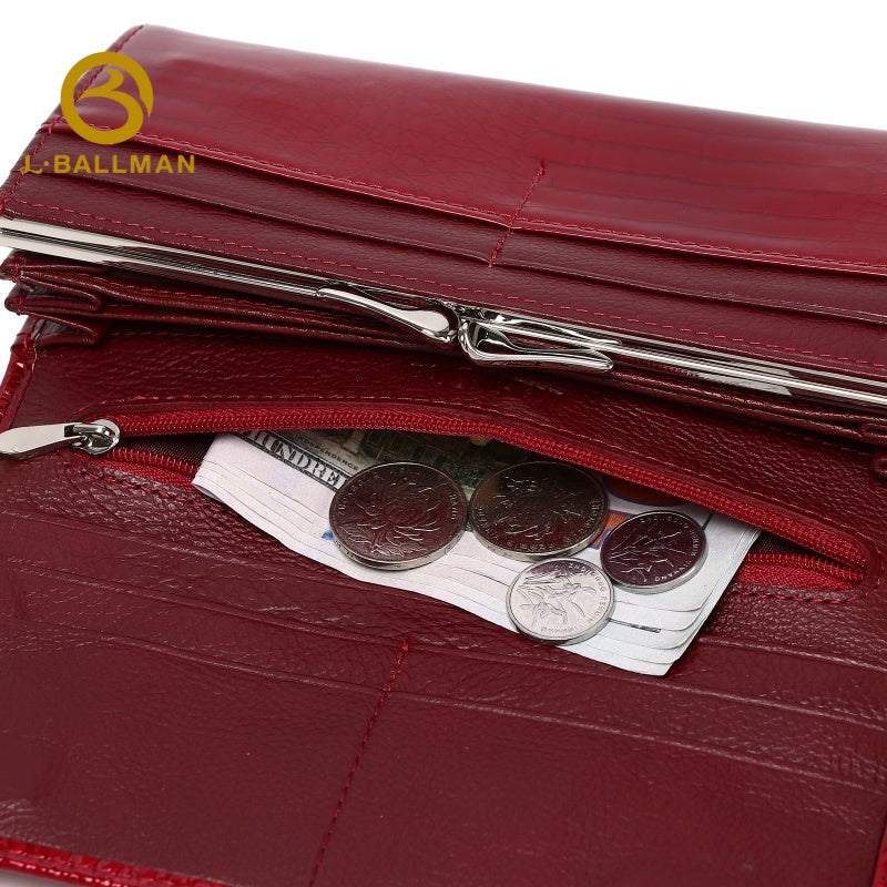 Women Long Patent Leather Wallet Crocodile Embossed Multi Card Slots Zipper Pocket Kiss Lock 801A Wholesale Custom