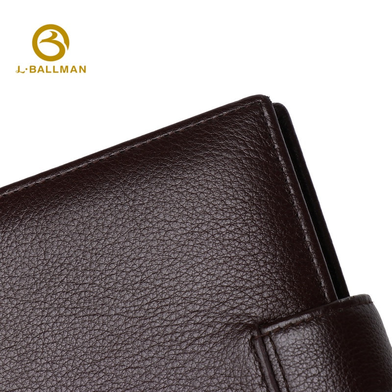 Wholesale Custom leather men tri-fold wallet pebbled genuine leather snap button large capacity multi card slots passport holder daily business travel purse 302#