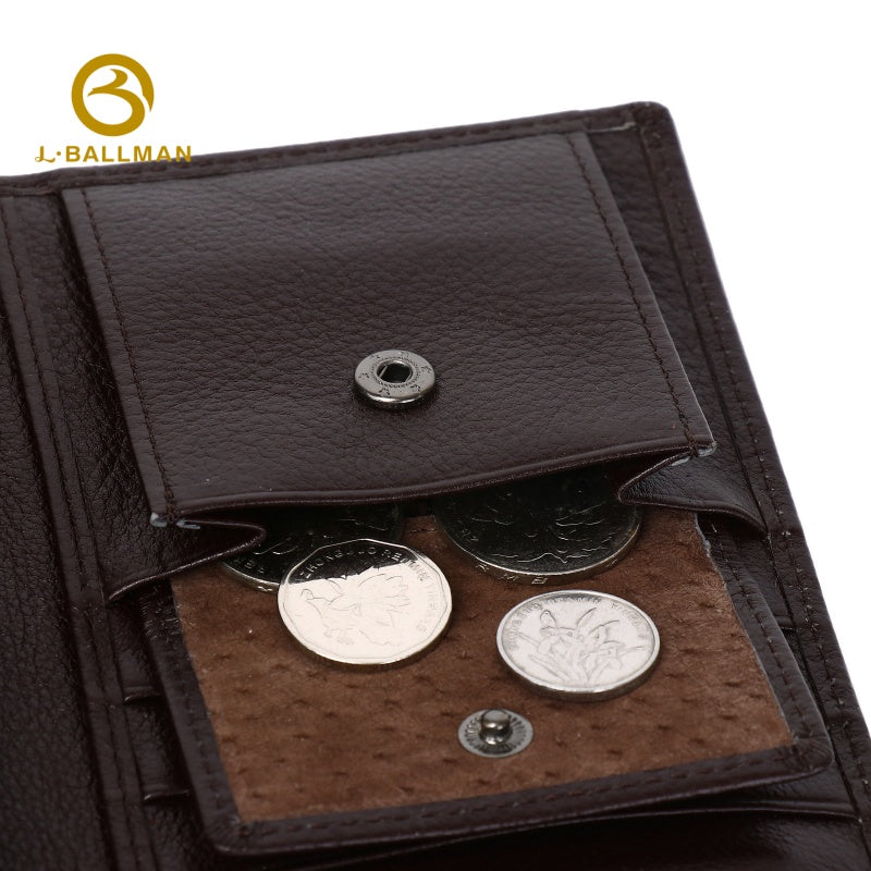 Wholesale Custom leather men tri-fold wallet pebbled genuine leather snap button large capacity multi card slots passport holder daily business travel purse 302#