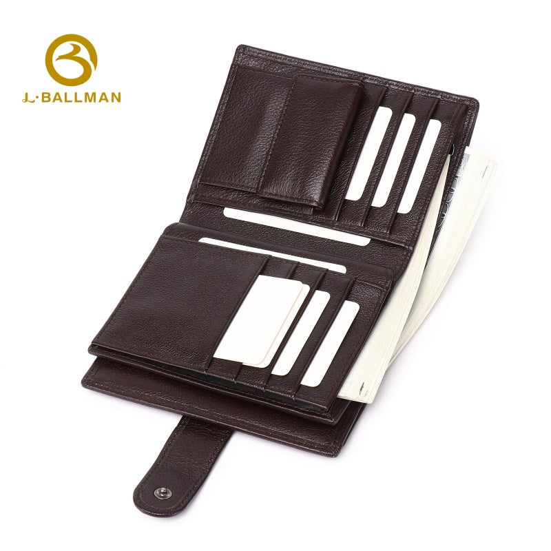 Wholesale Custom leather men tri-fold wallet pebbled genuine leather snap button large capacity multi card slots passport holder daily business travel purse 302#