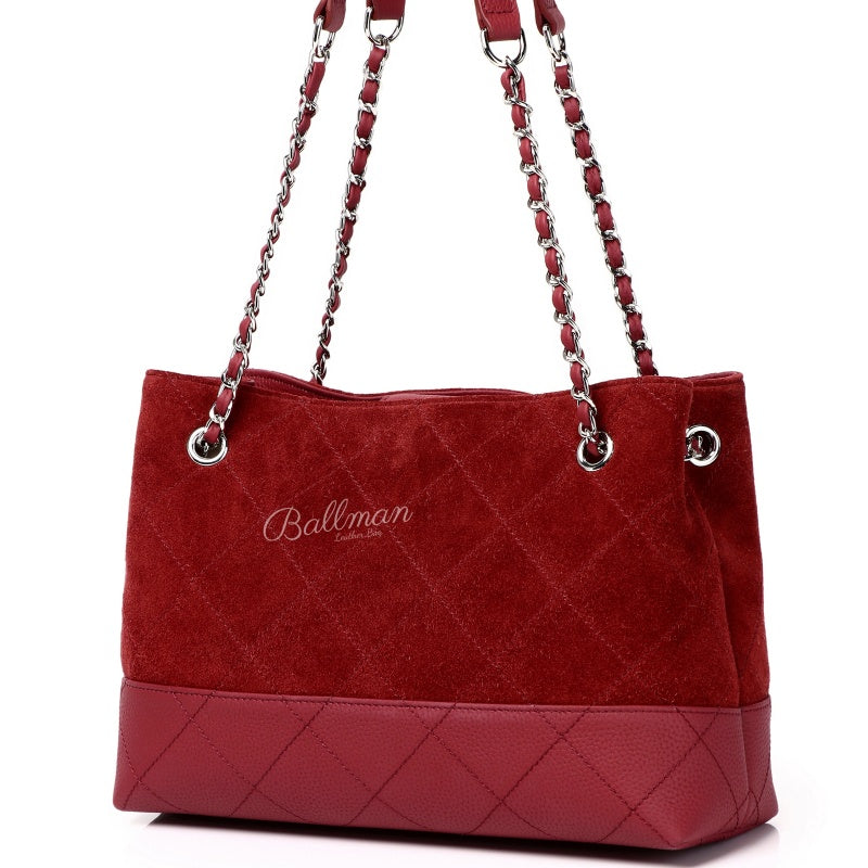 Suede Leather Quilted Tote Bag, Dual Material Panelled Interwoven Chain Straps For Daily Use 8108-35# | Custom Logo ODM OEM Wholesale