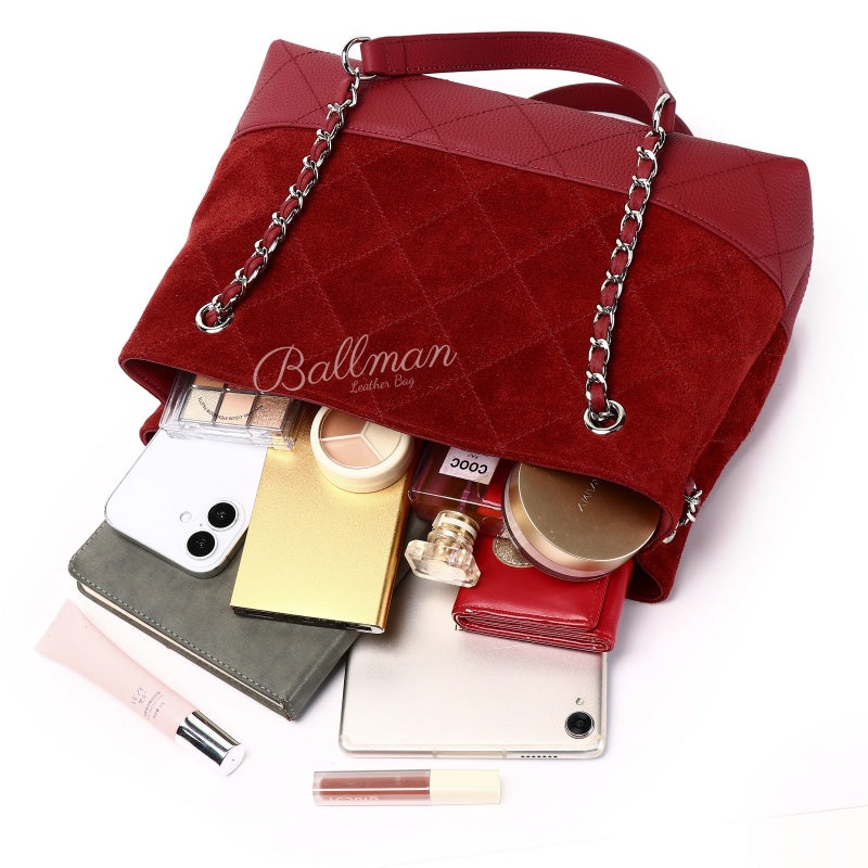 Suede Leather Quilted Tote Bag, Dual Material Panelled Interwoven Chain Straps For Daily Use 8108-35# | Custom Logo ODM OEM Wholesale