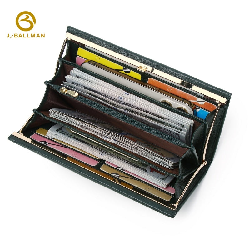 Women Long Genuine Leather Wallet Kiss Lock Multi Card Slots Spacious Bill Compartment Zipper Pocket 625-84# Wholesale Custom