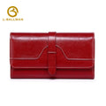 Genuine Leather Oil-Wax Long Wallet, Strap Buckle Closure Contrast Stitch Wavy Flap For Daily Use 23-121# | Custom Logo ODM OEM Wholesale