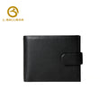Genuine leather men's bifold wallet 26410#, snap button flap, clear photo window, zipper coin pocket, multi card slots, black leather short purse