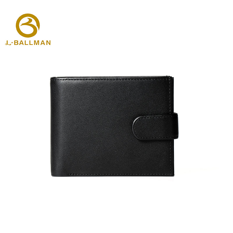 Genuine leather men's bifold wallet 26410#, snap button flap, clear photo window, zipper coin pocket, multi card slots, black leather short purse