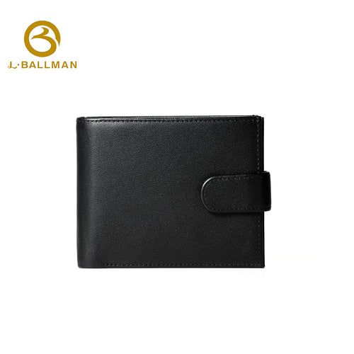 Genuine leather men's bifold wallet 26410#, snap button flap, clear photo window, zipper coin pocket, multi card slots, black leather short purse