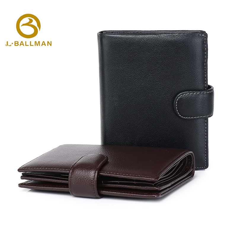 Wholesale pebbled genuine leather men tri-fold wallet 302, snap button closure large capacity multi card slots passport holder for daily business and travel