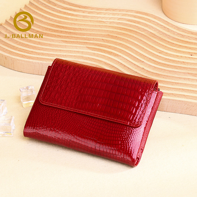 Patent crocodile embossed leather women's trifold wallet 3929QP#, multi card slots, zipper coin pocket, red glossy ladies purse