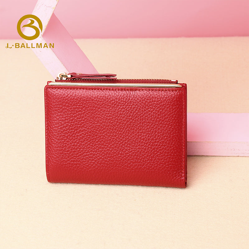 Genuine leather women's small bifold wallet 3931#, zipper coin pocket, compact red ladies purse for daily use