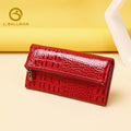 Women Long Patent Leather Wallet 504, Crocodile Embossed Fold Over Design With Front Zipper Pocket And Multi Card Slots