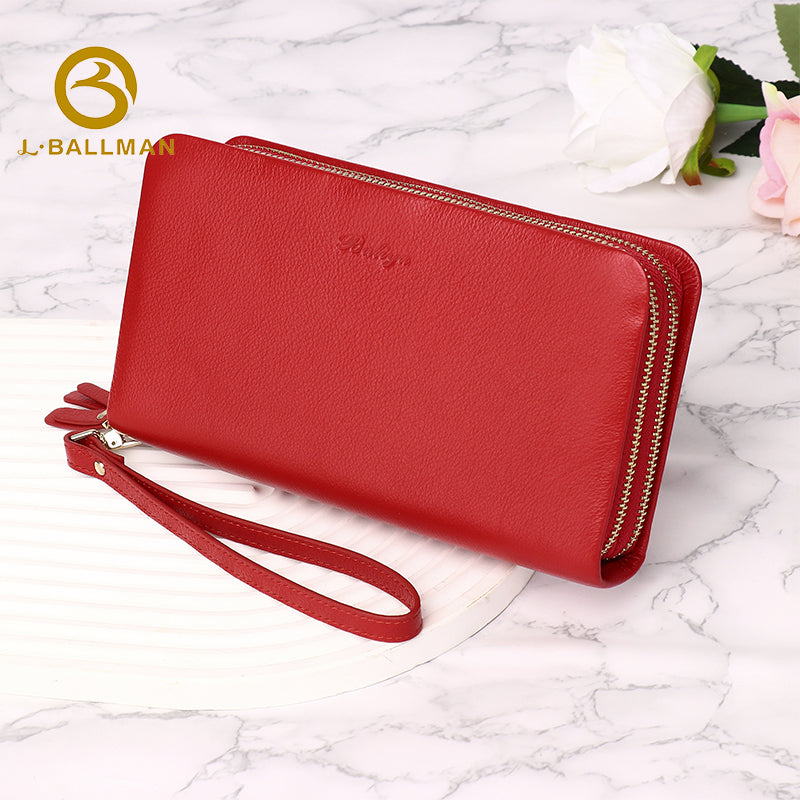 Women Long Genuine Leather Wallet 505, Double Zipper Wristlet Purse With Multi Card Slots And Phone Pocket