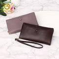 Wholesale smooth genuine leather women long wallet 506, multi zipper pockets wristlet phone pocket purse for daily shopping and travel
