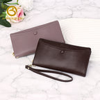 Wholesale smooth genuine leather women long wallet 506, multi zipper pockets wristlet phone pocket purse for daily shopping and travel