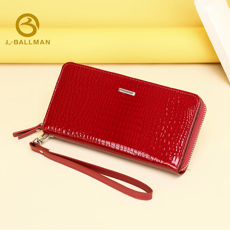 Patent crocodile embossed leather women's long zipper wallet 6012#, detachable wrist strap, multiple card slots, red glossy ladies clutch purse