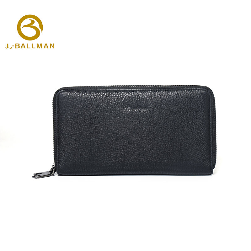 Genuine leather men's double zip clutch bag 6309-2#, full-page multi card slots layout, dual zipper compartments, plenty of card storage, black leather hand pouch
