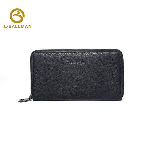 Genuine leather men's double zip clutch bag 6309-2#, full-page multi card slots layout, dual zipper compartments, plenty of card storage, black leather hand pouch