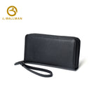 Genuine leather men's double zip clutch bag 6309#, built-in independent card slots, dual zipper compartments, wrist strap, holds cards cash and phone, black leather hand pouch