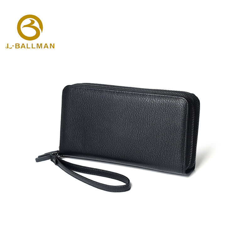 Genuine leather men's double zip clutch bag 6309#, built-in independent card slots, dual zipper compartments, wrist strap, holds cards cash and phone, black leather hand pouch