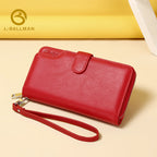 Genuine leather women's clutch bag 6343-1, snap button flap design, abundant card slots, dedicated phone pocket, detachable wrist strap, red leather long purse