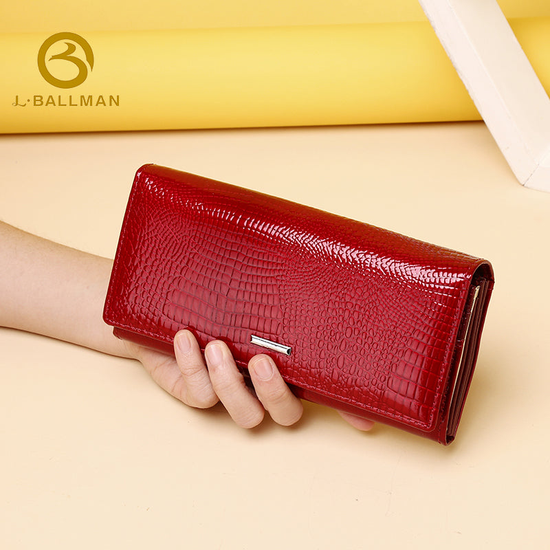 Women Long Patent Leather Wallet 801A, Crocodile Embossed Purse With Multi Card Slots, Zipper Pocket And Kiss Lock