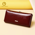 Women Long Patent Leather Wallet 802, Crocodile Embossed Trifold Purse With Kiss Lock, Multi Card Slots And Bill Compartment