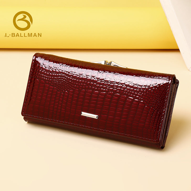 Women Long Patent Leather Wallet 802, Crocodile Embossed Trifold Purse With Kiss Lock, Multi Card Slots And Bill Compartment
