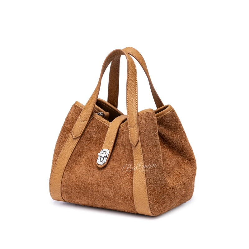 Suede Genuine Leather Tote Handbag, Top Handle Lock Closure For Daily Shopping Casual Outing 8108-29# |ODM OEM Wholesale