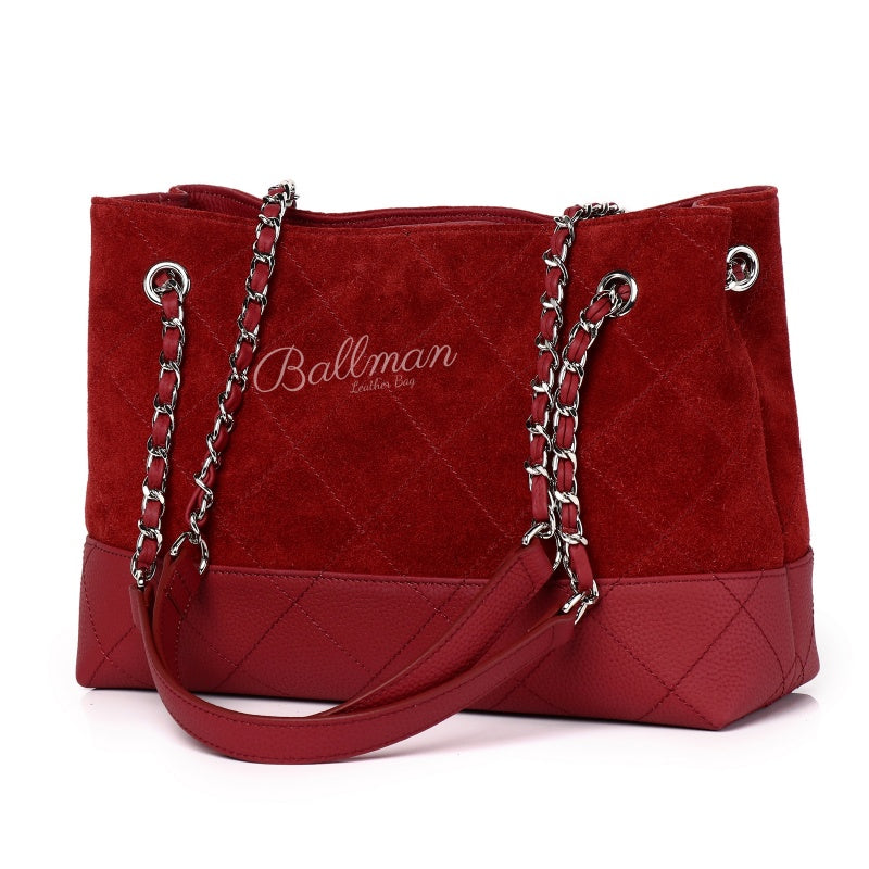 Suede Leather Quilted Tote Bag, Dual Material Panelled Interwoven Chain Straps For Daily Use 8108-35# | Custom Logo ODM OEM Wholesale