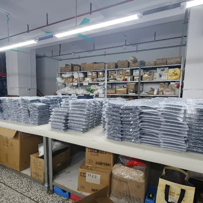 Finished leather goods warehouse area, bulk orders after QC inspection ready for packing and shipment