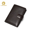 Genuine leather men's trifold wallet E60277#, snap button flap, multiple transparent ID windows, zipper coin pocket, multi card slots, dark brown leather purse