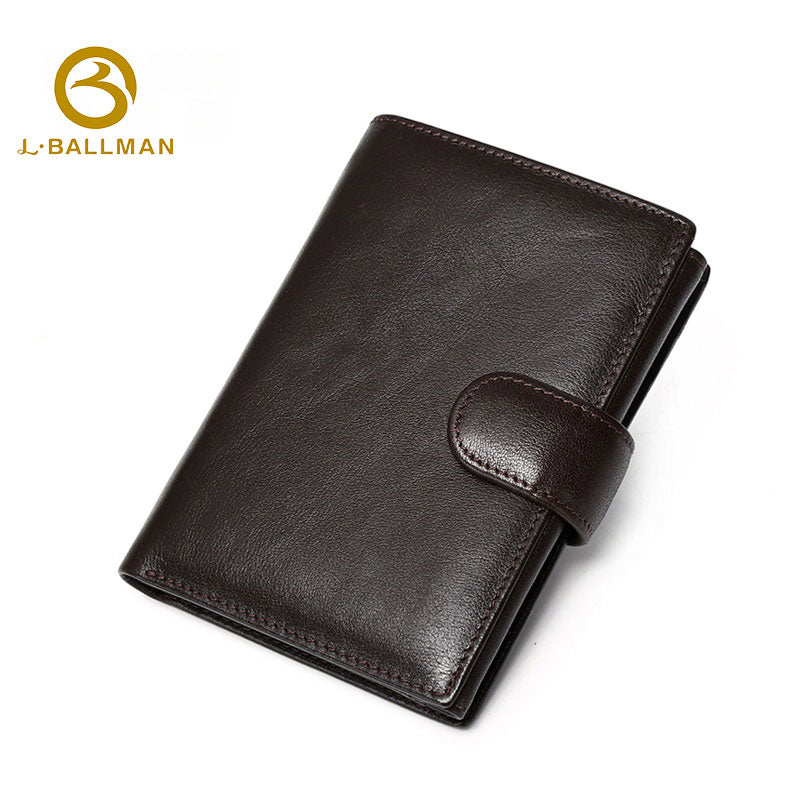 Genuine leather men's trifold wallet E60277#, snap button flap, multiple transparent ID windows, zipper coin pocket, multi card slots, dark brown leather purse