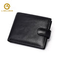 Genuine leather men's bifold wallet F055, snap button flap, multiple transparent ID photo windows, multi card slots, black leather short purse