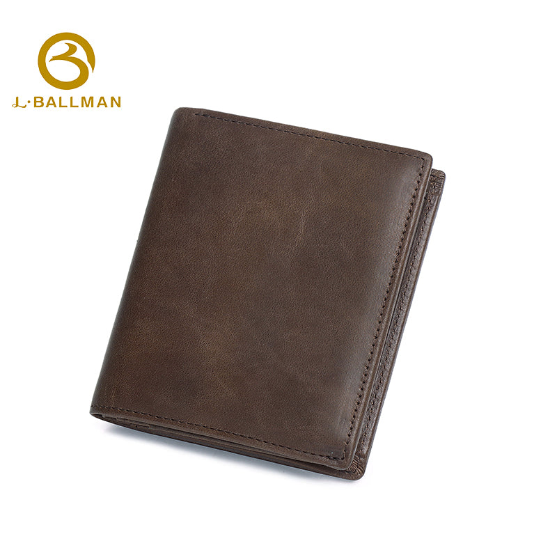 G042 Vintage Crazy Horse Leather Trifold Card Holder, Snap Button Coin Pocket, Multiple Card Slots, Cash Pocket, Dark Brown Multi-Functional Card Case