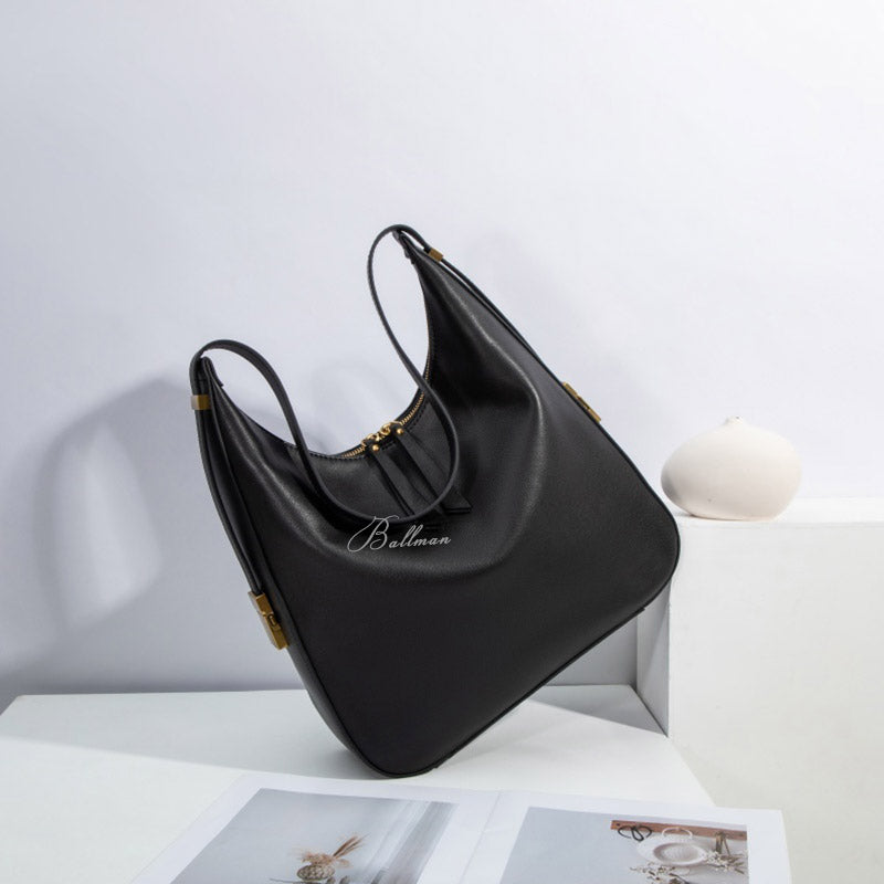 Ballman H98078 black genuine leather hobo bag with gold hardware, large capacity shoulder tote bag for women everyday wear