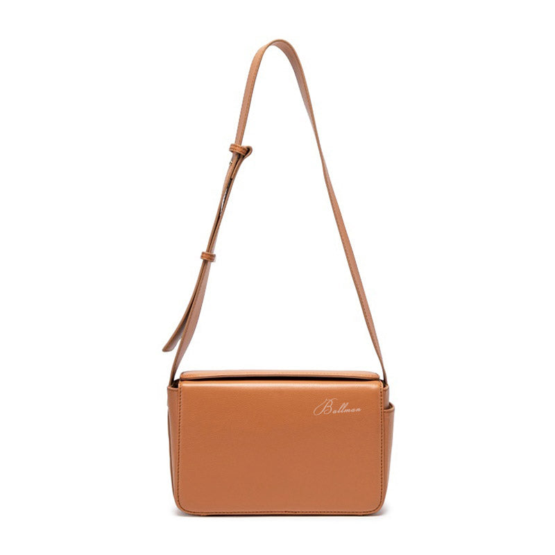 Ballman H98079 tan genuine leather crossbody bag with magnetic flap, adjustable wide shoulder strap, large inner compartment for women daily use