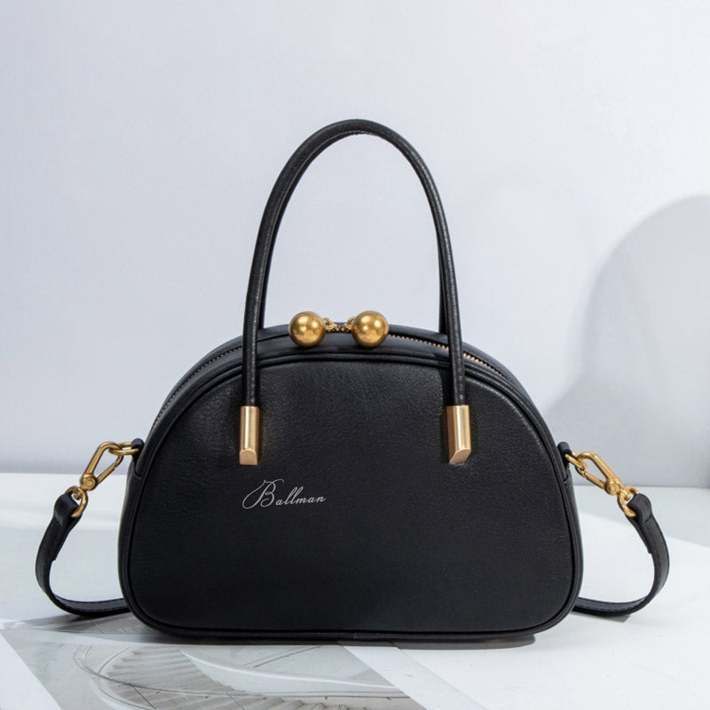 Ballman H98080 black genuine leather half moon handbag with gold bead zipper, top handles and detachable crossbody strap for women