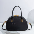Ballman H98080 black genuine leather half moon handbag with gold bead zipper, top handles and detachable crossbody strap for women