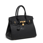 Ballman BK001 black pebbled leather birkin style handbag, lock hardware top handle with detachable shoulder strap